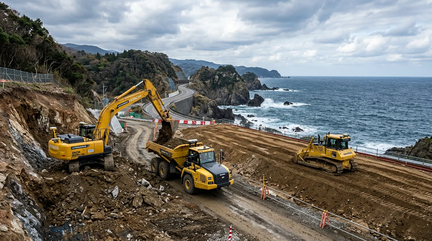 大林組、能登国道249号で1km盛土土工を4機種連携により自動化